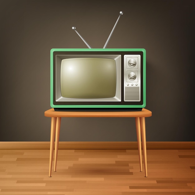 Vector 3d Realistic Retro TV Receiver su pavimento in legno Home Interior Design Concept TV Vintage Televisore Televisione Front View