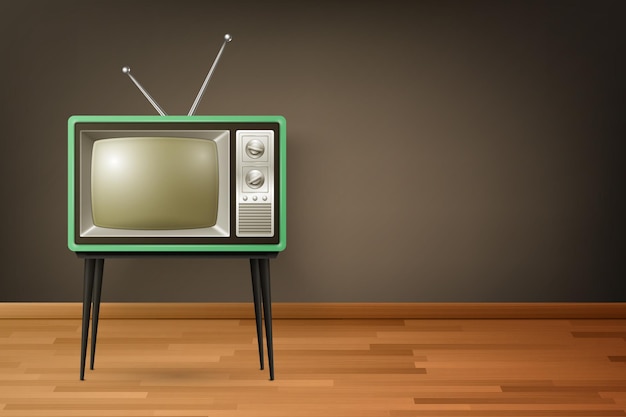 Vector 3d Realistic Retro TV Receiver su pavimento in legno Home Interior Design Concept TV Vintage Televisore Televisione Front View