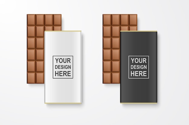 Vector 3d realistico bianco e nero vuoto intero Chocolate Bar Package Set Closeup isolato su sfondo bianco modello di progettazione di wrapper per imballaggio Mockup pubblicità vista dall'alto