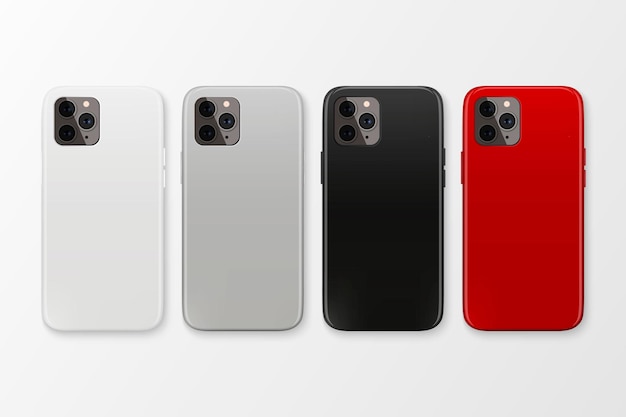 Vector 3d realistico bianco grigio nero rosso vuoto telefono custodia modello copertina posteriore per smartphone set isolato su sfondo bianco custodia per telefono mockup vista dall'alto