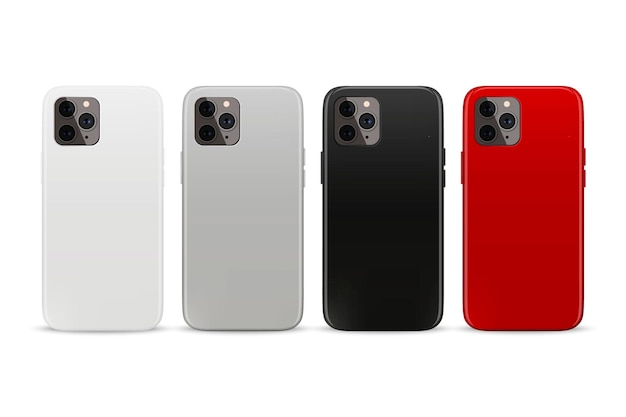 Vector 3d realistico bianco grigio nero rosso vuoto telefono custodia modello copertina posteriore per smartphone set isolato su sfondo bianco mockup vista frontale