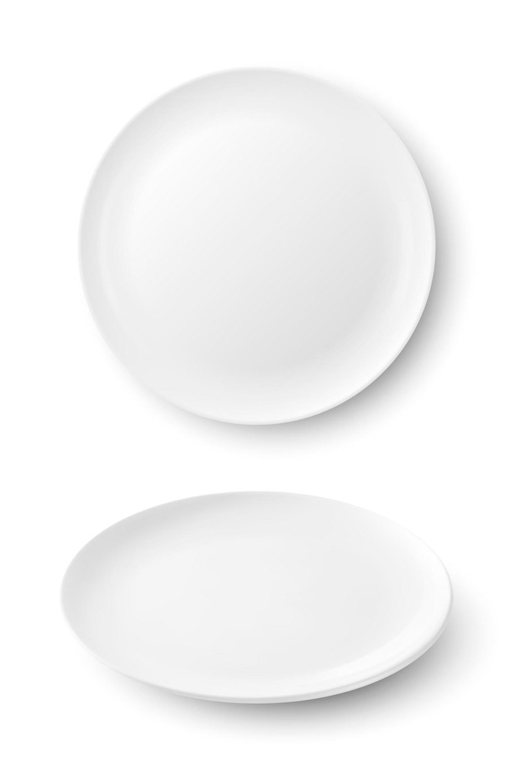 Vettore vector 3d realistico cibo bianco vuoto e vuoto piatto di ceramica in porcellana set di icone primo piano isolato su sfondo bianco modello di progettazione mock up vista frontale e superiore