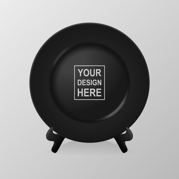 Vector 3d realistico cibo nero vuoto vuoto piatto in ceramica di porcellana su un supporto primo piano isolato su sfondo bianco modello di progettazione mock up vista dall'alto anteriore