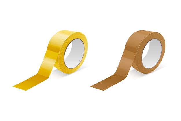 Vector 3d Realistico Gloss Yellow and Brown Tape Roll Icon Set Mockup Closeup Isolato