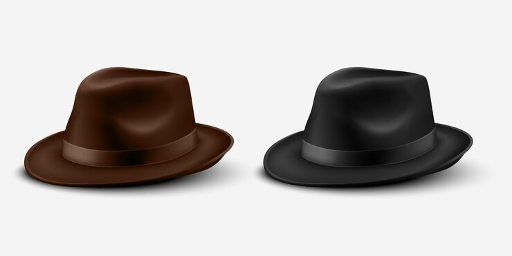 Vettore vector 3d realistico marrone e nero vintage classic gentleman black hat cap set closeup isolato