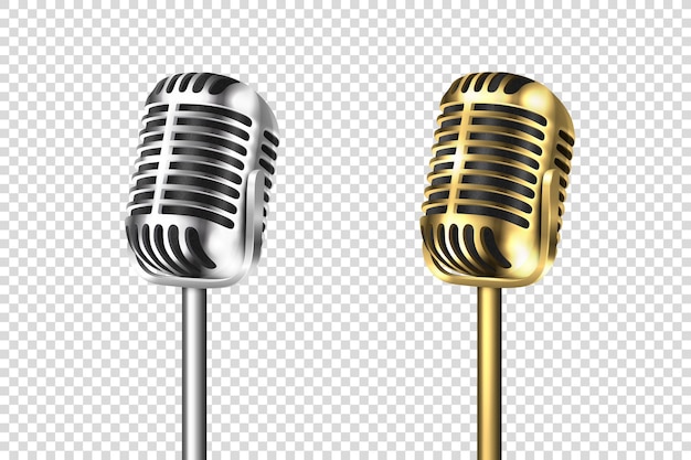 Vector 3d realistico retrò acciaio argento e oro metallo concerto microfono vocale impostato primo piano isolato su sfondo trasparente modello di progettazione di vintage karaoke Mike vista frontale e laterale