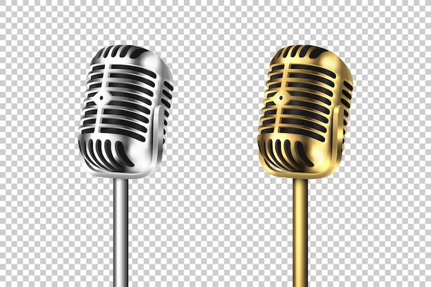 Vector 3d realistico retrò acciaio metallo argento e oro concerto microfono vocale impostato primo piano isolato su sfondo trasparente modello di progettazione di vintage karaoke Mike vista frontale e laterale