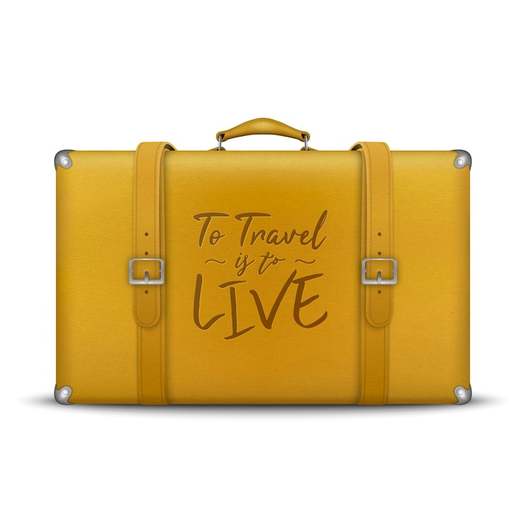 Vettore vector 3d realistico retrò in pelle gialla logora valigia e adesivi da viaggio angoli in metallo cinture primo piano isolato su sfondo bianco concetto di vacanza e viaggio borsa da viaggio vintage vista frontale