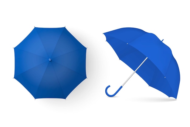 Vector 3d rendering realistico blu ombrello vuoto Icon Set Closeup isolato su sfondo bianco modello di progettazione di ombrelloni aperti per mockup branding pubblicità ecc. Vista dall'alto e frontale