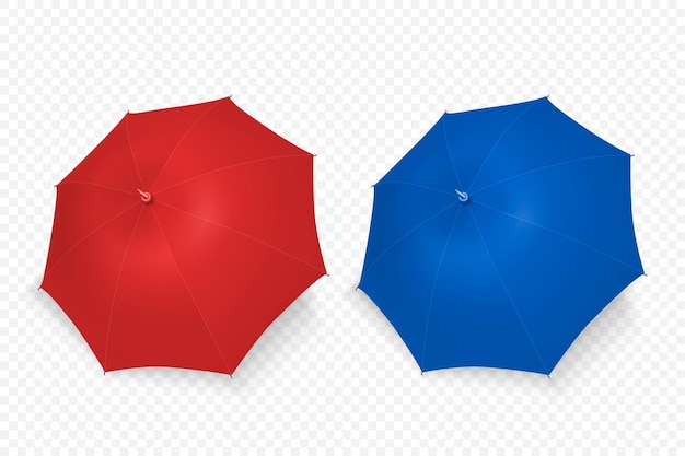 Vector 3d rendering realistico rosso e blu ombrello vuoto Icon Set Closeup isolato su sfondo trasparente modello di progettazione di ombrelloni aperti per mockup branding pubblicità ecc. Vista dall'alto