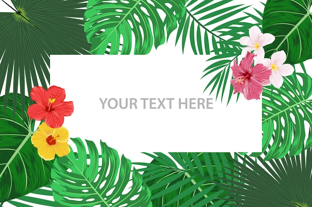 Vector Banner Card con foglie e fiori tropicali sfondo tropicale illustrazione vettoriale piatto esotico estate Tropic Concept Design per l'annuncio dell'invito Poster Pubblicità