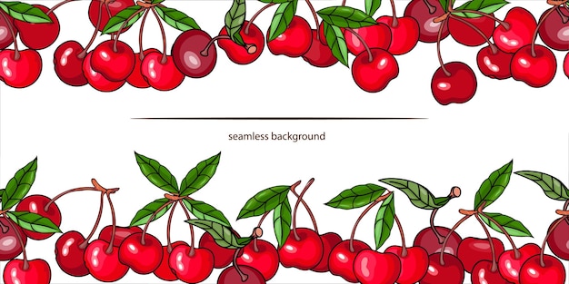 Vector cherry sfondo senza giunture cornice decorativa parti inferiore e superiore isolate Sfondo ripetibile con bacche di ciliegio