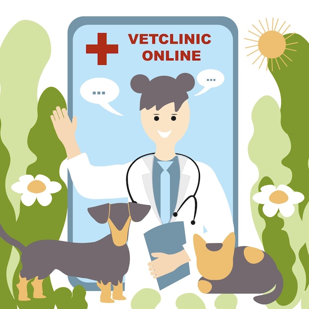 Vector Doctor vetclinic online concept Dottore in vestaglia che agita la mano e vuole aiutare a consultare il telefono Cane e gatto felici