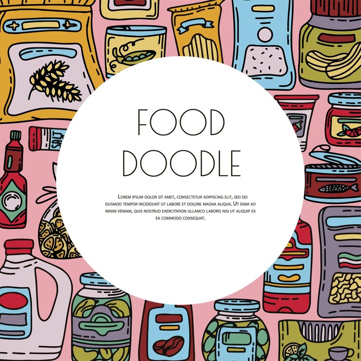 Vettore vector doodle drogheria banner disegnato a mano scetch icone cibo e bevande panetteria in scatola naturale e