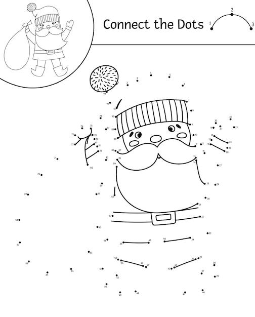 Vector dottodot e attività a colori con il simpatico Babbo Natale Natale unisci i puntini gioco per bambini con Babbo Natale e sacco Capodanno da colorare per bambini Foglio di lavoro stampabile per le vacanze invernalixA