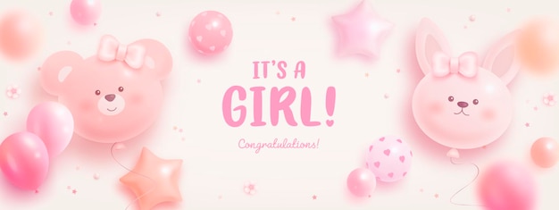 Vector e' un invito per la festa del bambino di una ragazza con palloncini di orso e coniglietto.