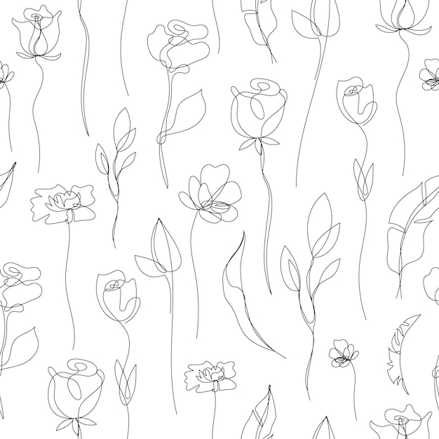 Vector fiore lineare simpless backgroun rose con foglie ornamento con linea di contorno singola nera su sfondo bianco in stile disegnato a mano
