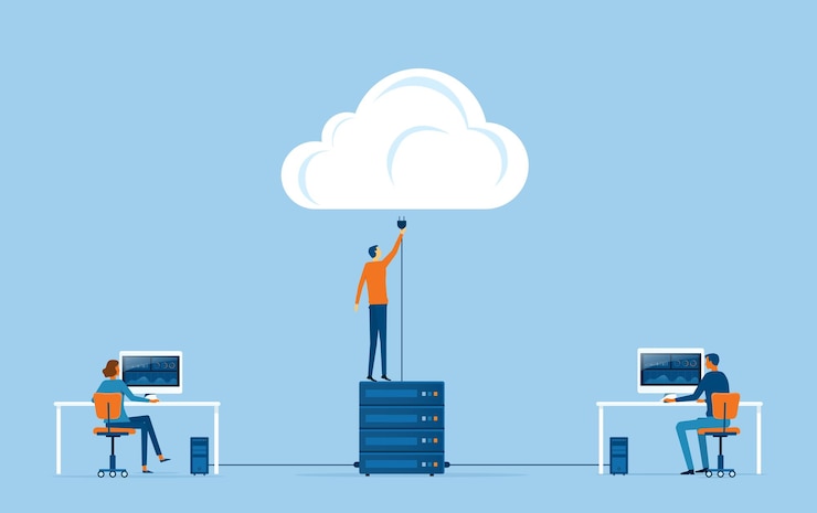 Vettore vector flat business technology storage e cloud connect concept con amministratore e sviluppatore
