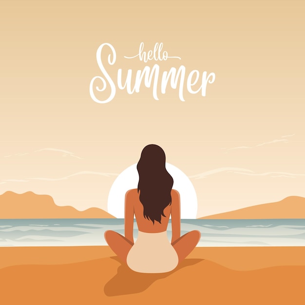 Vector Flat Giovane donna seduta al tramonto sulla spiaggia Godendosi il resort Rilassarsi sulla spiaggia di sabbia sul mare in estate Back View Hello Summer Concept Blue Ocean Scenic View Background