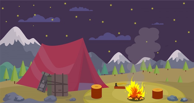 Vector Flat Night Camping Mountains Burn Campfire.