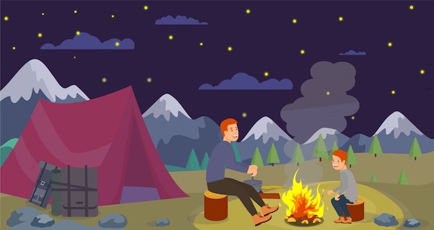 Vector Flat Night Camping Padre prepara la cena.