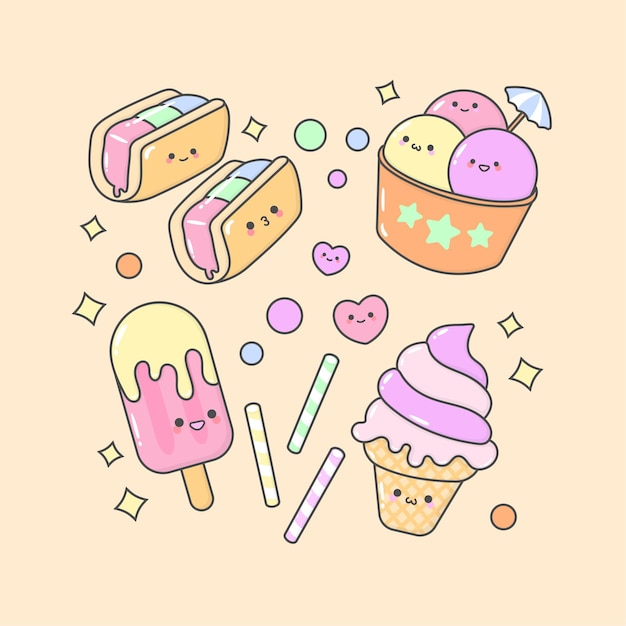 Vector Ice Cream Sundae Cone con carine espressioni facciali e colori pastello