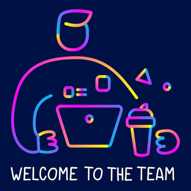 Vector l'illustrazione creativa di colore al neon dell'uomo d'affari con il computer portatile e la tazza di caffè su sfondo scuro con testo. Line art design grafico in stile trend per web, sito, banner, poster, presentazione