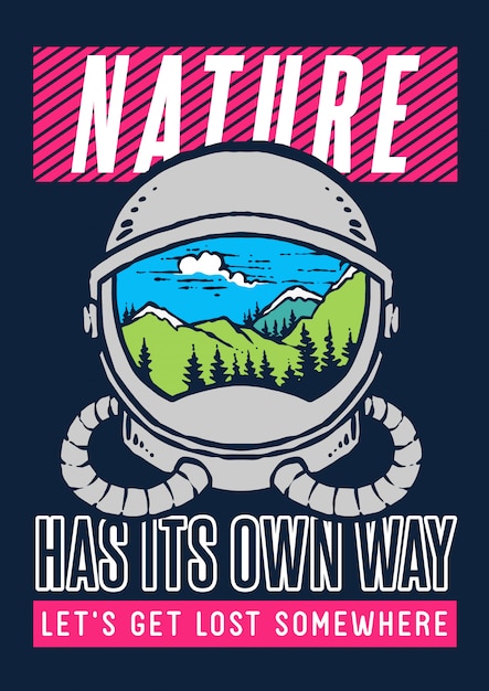 Vector l'illustrazione del casco dell'astronauta con la montagna del paesaggio e della natura dentro