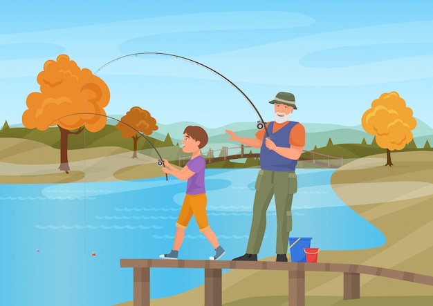 Vector l'illustrazione dell'uomo maturo che sta sul pilastro con il nipote e la pesca del ragazzo