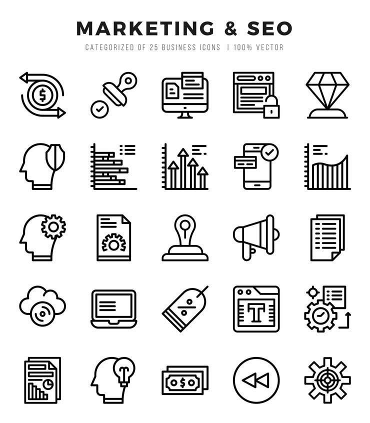 Vettore vector marketing tipi di icona seo impostati in illustrazione vettoriale in stile lineare