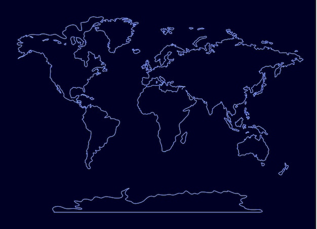 Vector neon blu mondo mappa sfondo incandescente linee di contorno isolate sul blu