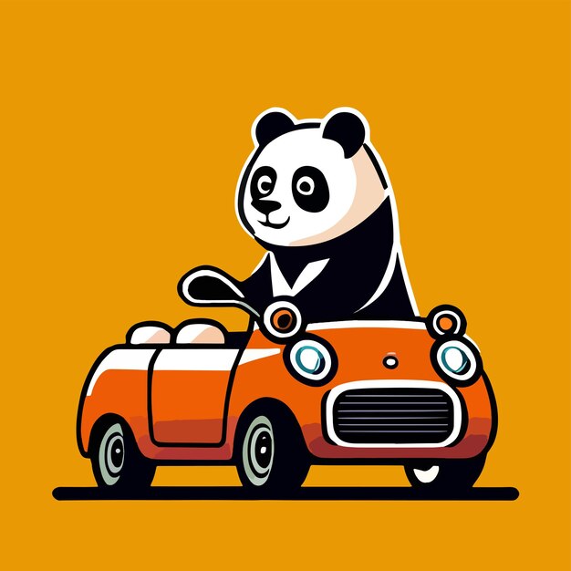 Vector panda alla guida di un'auto un design a cartone animato piatto per simpatici animali