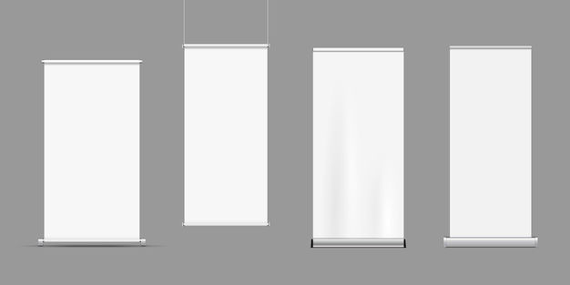 Vector roll up banner stand mockup isolati su sfondo grigio