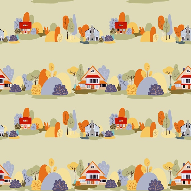 Vector seamless pattern autunno villaggio case paesaggio cottage campagna