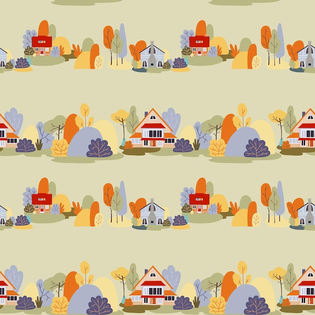 Vector seamless pattern autunno villaggio case paesaggio cottage campagna