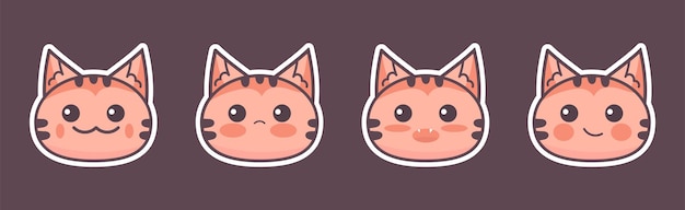 Vector Set di facce di gatto in stile piatto. piatto. Zenzero rosso arancio Set di adesivi per le emozioni del gatto dei cartoni animati. Gatto carino