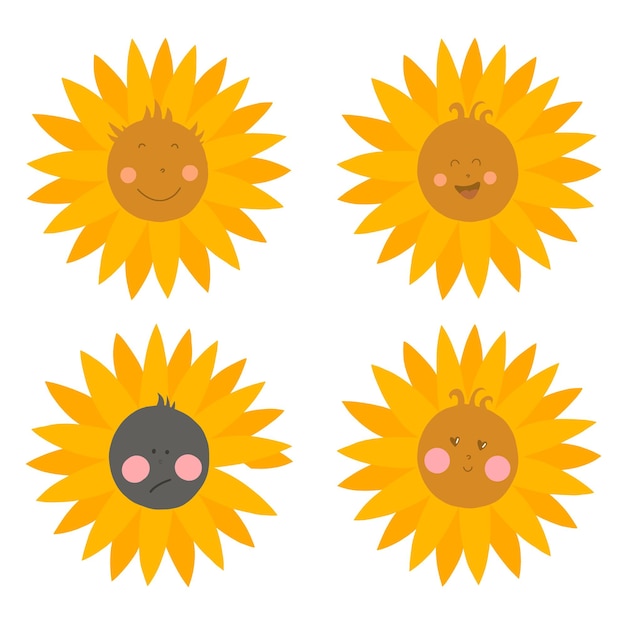 Vector set di illustrazioni 4 disegni di un girasole con diversi volti ed emozioni