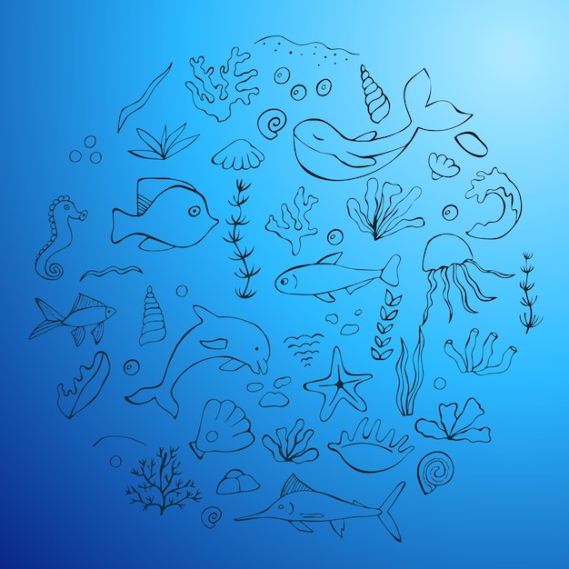 Vector set ocean day vita marina barriera corallina oceano in stile doodle