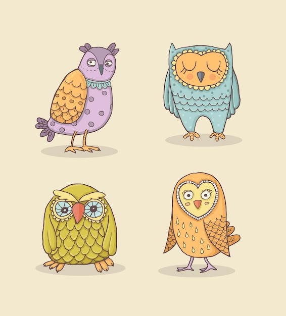 Vector Set of Line gufi Disegno a mano stilizzato su carta Kraft