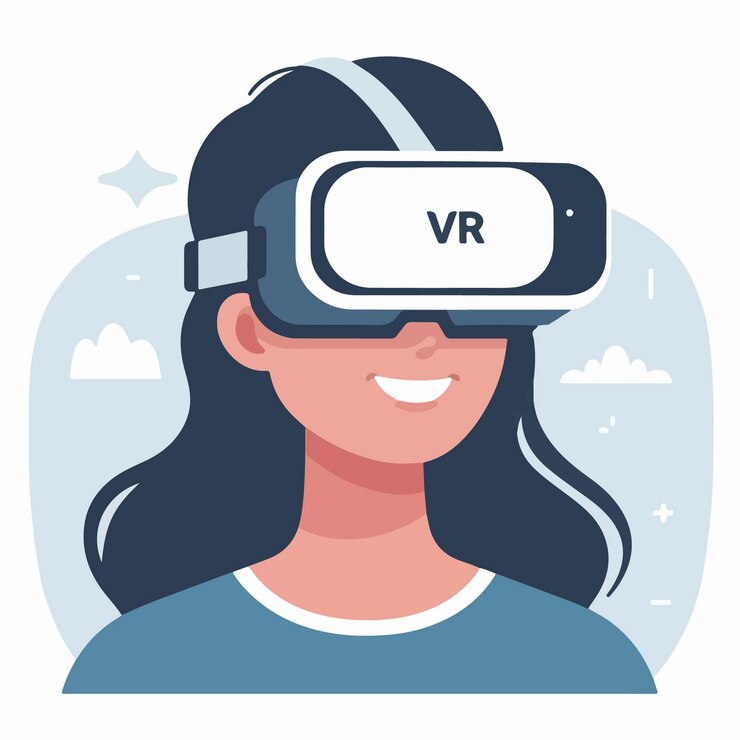 Vettore vector sorridendo donna in occhiali vr esplorare gli elementi