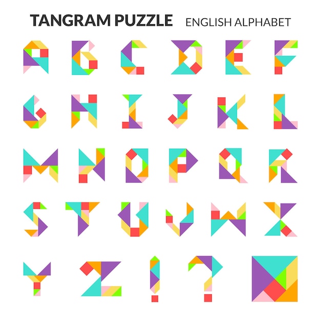 Vector Tangram Alfabeto inglese 26 lettere colorate isolate a colori su sfondo bianco Tangram