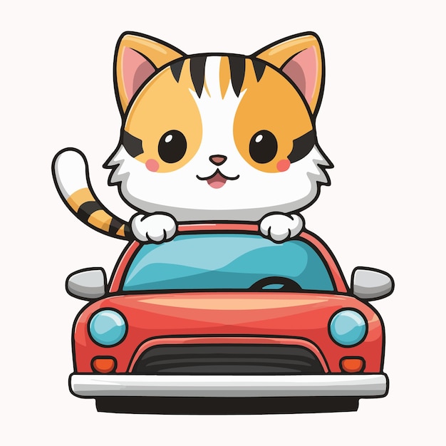 vector un gatto di cartone animato si siede sopra una macchina rossa