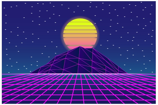 Vector vaporwave retrowave synthwave retro scifi sfondo futuristico degli anni '80 e '90