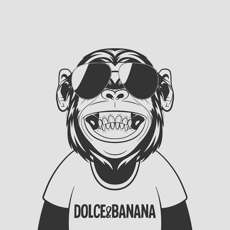 Vettore vectorfunny sorridente bianco e nero monocromatico moda scimpanzé scimmia con occhiali da sole scimmia felice con occhiali per arte da parete maglietta stampa poster cartone animato carino scimmia scimpanzé