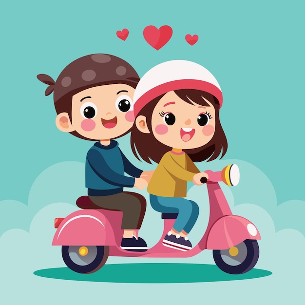 Vectori coppia di San Valentino Bambino e bambina carini stanno guidando uno scooter