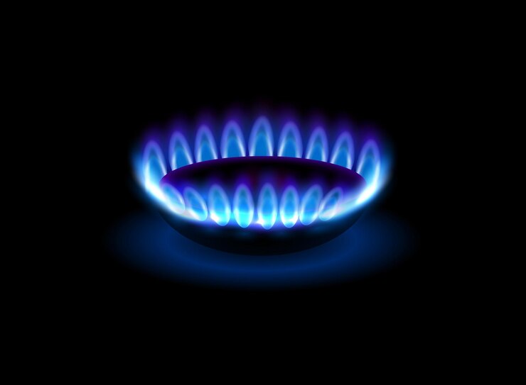 Vettore veduta laterale realistica del bruciatore a fiamma a gas vettoriale