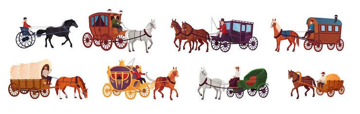 Vettore veicoli a cavallo antico carro da viaggio vittoriano carrozza wagoneer carro o lavoro cavalli rustici carro matrimonio diligenza reale vecchio veicolo storico ingegnosa illustrazione vettoriale