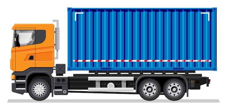 Vettore veicolo portacontainer isolato su sfondo bianco. servizio di consegna espresso camion commerciale. concetto di consegna veloce e gratuita in auto. carico e logistica. cartoon piatto illustrazione vettoriale