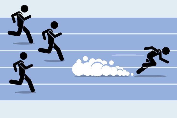 Vettore velocista veloce che sorpassa tutti in un evento sul campo di pista. le illustrazioni raffigurano il vincitore, il più veloce, il campione e il dominio.