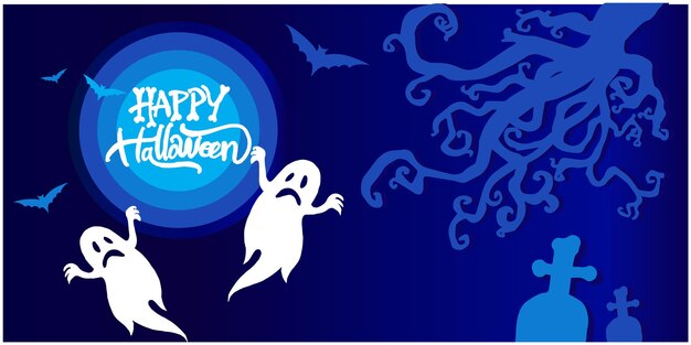 Vendita banner di Halloween, voucher, carta vip, festa di invito con sfondo di colore blu